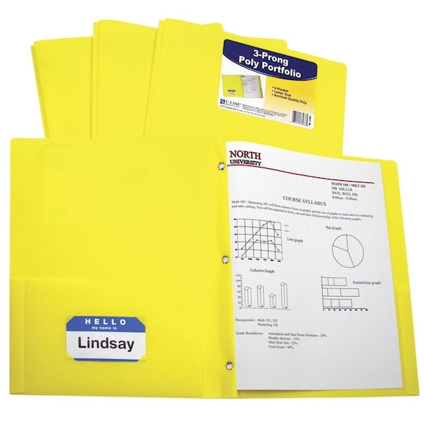 C-Line Products 1597282 Two-Pocket Heavyweight Poly Portfolio Folder with Prongs; Yellow - Pack of 25 1597282 - main